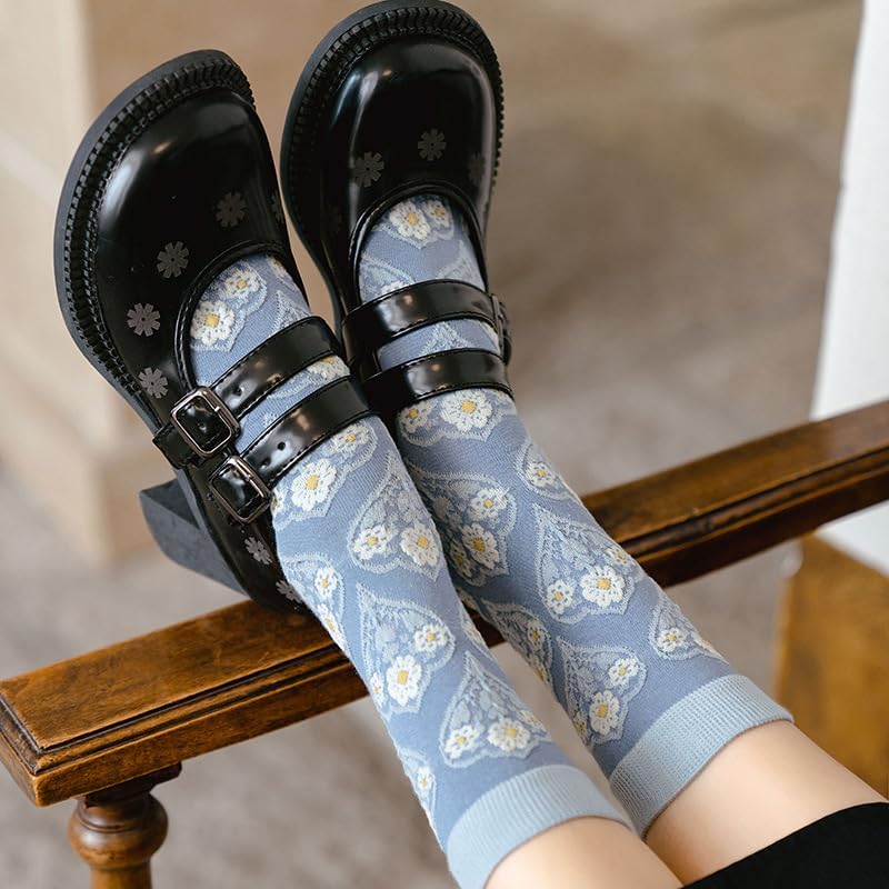 MarJunSep Cute Floral Crew Socks for Women Teen Girls Flower Cottagecore Frilly Vintage Fancy Cotton Socks - Image 5